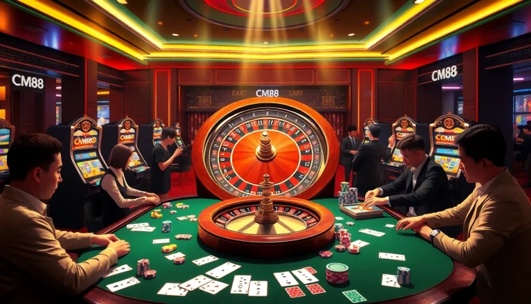 Engage in high-stakes gaming action at CM88 casino, featuring vibrant tables and thrilling slot machines.