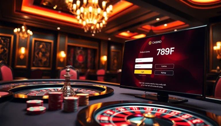 Engage in đăng nhập 789F with style at a luxurious online casino featuring poker tables and roulette wheels.
