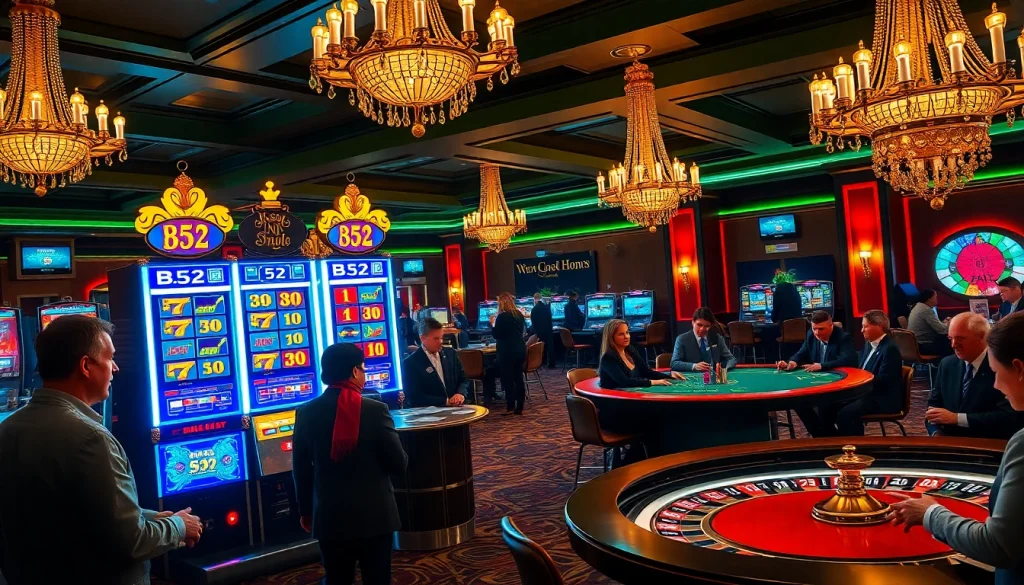B52 slot machine lighting up a luxurious casino environment, surrounded by eager gamblers.