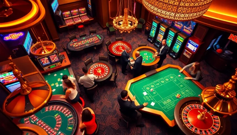 Experience the thrill of gambling at BL555's luxurious casino featuring vibrant tables and slot machines.