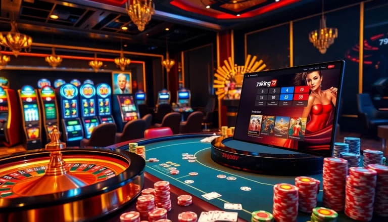 Engage with the thrilling atmosphere of Trang chủ 79king, showcasing card games and roulette in a luxurious casino setting.
