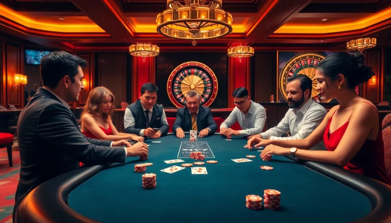 KJC poker players engaged in a high-stakes game showcasing elegance and excitement in a luxurious casino.