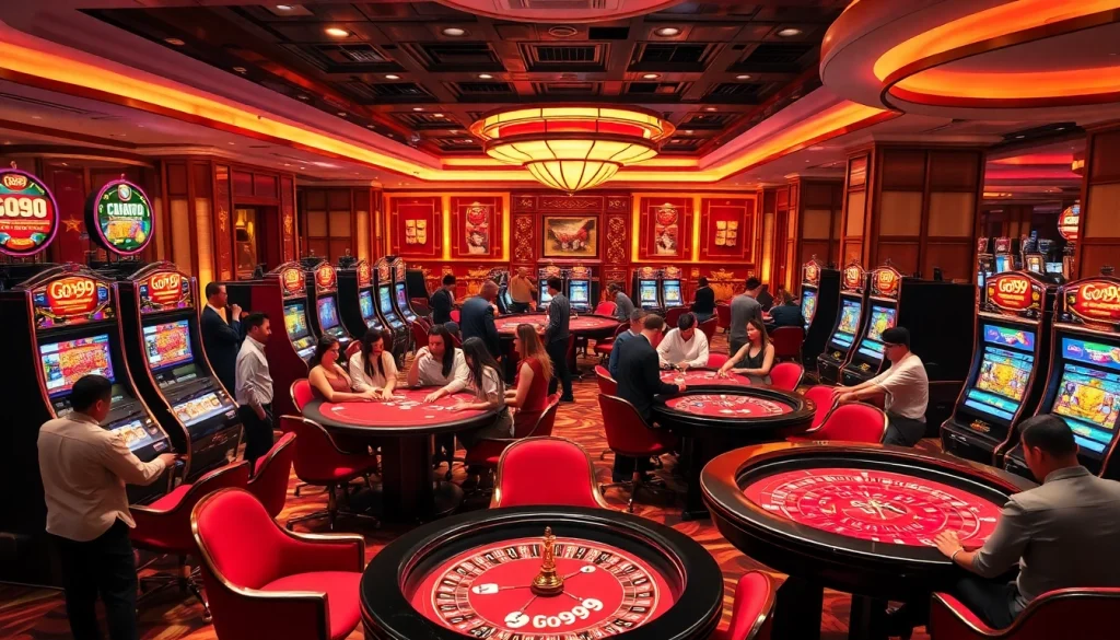 Exciting Go99 gaming experience with vibrant slots and roulette in a luxurious casino.