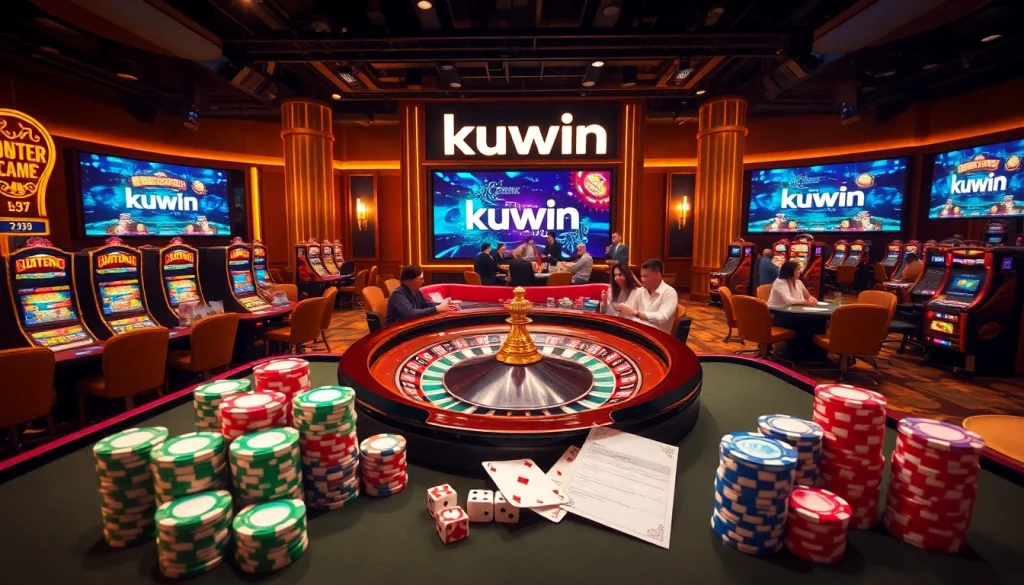 Engage with the thrilling atmosphere of kuwin casino featuring poker chips, slot machines, and a roulette wheel.
