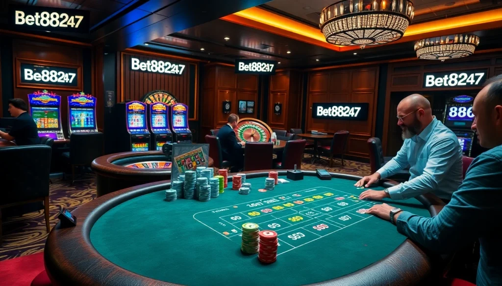 Exciting blackjack table at Bet88247 casino with vibrant chips and thrilling gameplay.