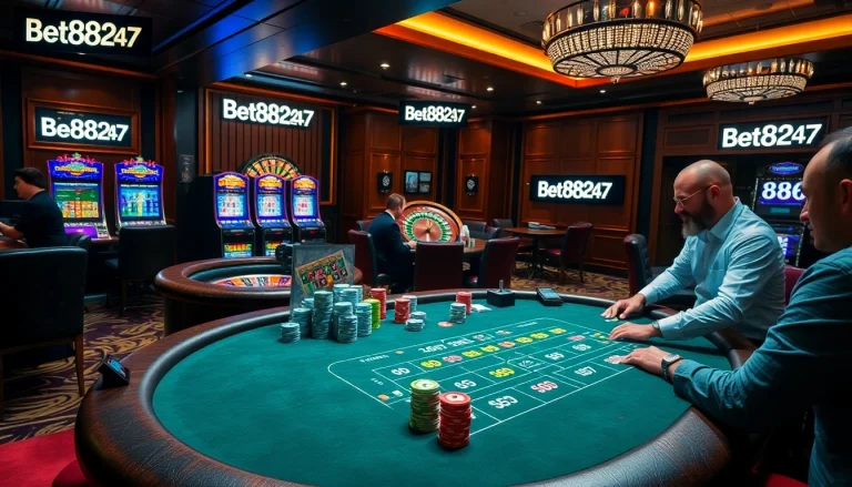 Exciting blackjack table at Bet88247 casino with vibrant chips and thrilling gameplay.