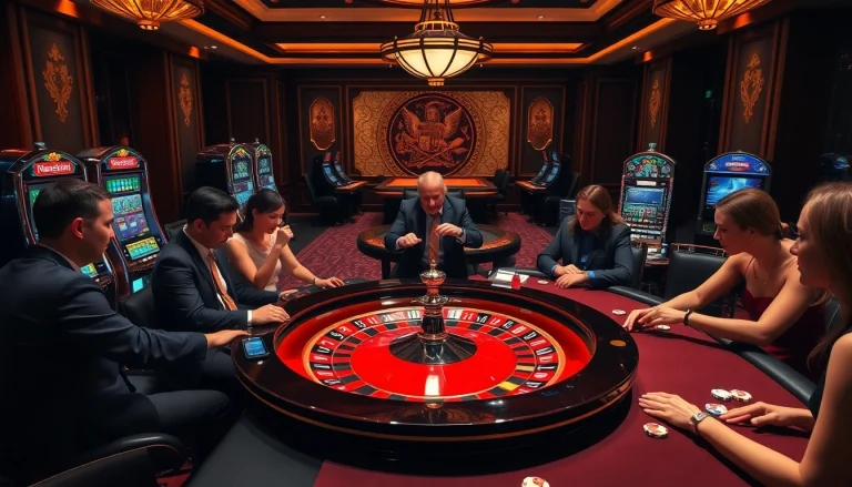 KJC themed casino scene with players at a roulette table and stylish slot machines, creating a vibrant gaming atmosphere.