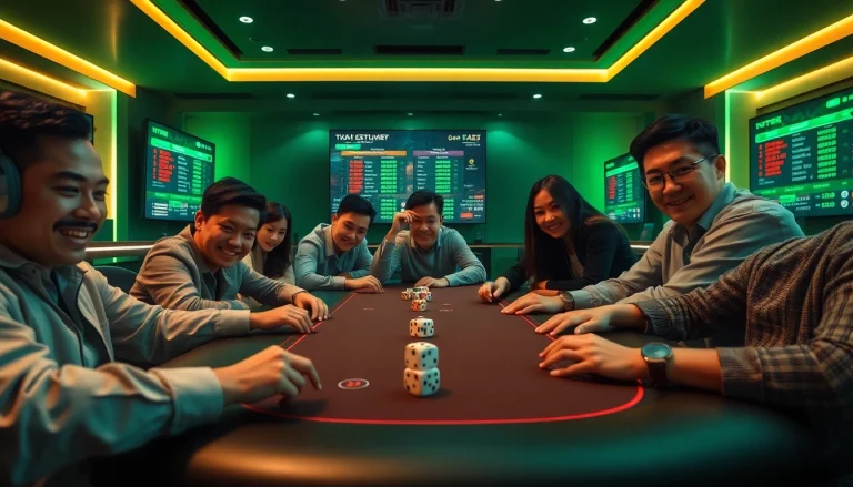 The thrilling atmosphere of a tài xỉu md5 game featuring excited players and vibrant gaming elements.