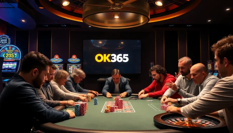 Players enjoying an exciting game at the OK365 casino table, with vibrant chips and a roulette wheel.
