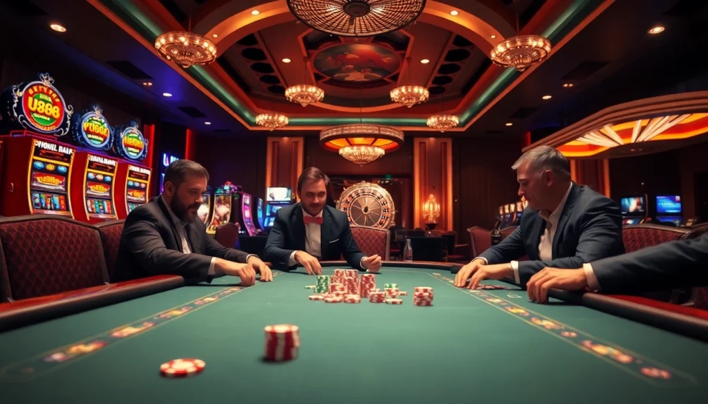 Engaged players strategizing at a u88 poker table in a luxurious casino setting.