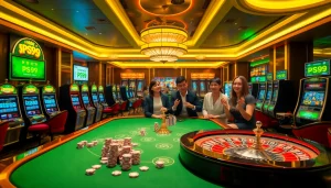 Experience the thrill of nhà cái PS99 with an elegant casino scene filled with gaming action.