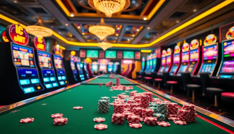 Experience thrilling gaming action at https://one88.bid/ with vibrant casino visuals including poker chips and slot machines.