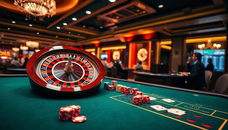 Experience the thrill of 23 Win at a luxurious casino table with players engaged in roulette and blackjack.