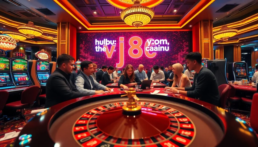A dynamic casino scene showcasing players engaged at the roulette table and slot machines, highlighting https://vj88.com/ excitement.