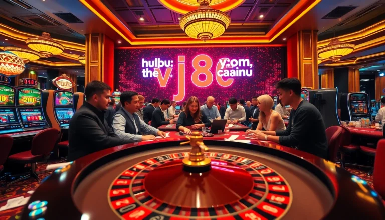 A dynamic casino scene showcasing players engaged at the roulette table and slot machines, highlighting https://vj88.com/ excitement.