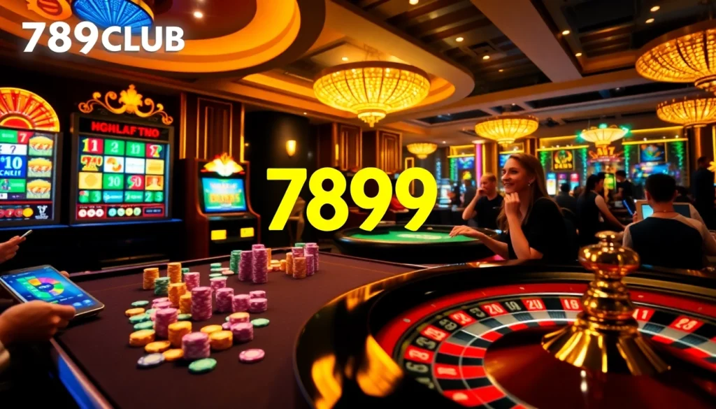 Players enjoying slot games at the 789CLUB casino, showcasing excitement and luxury.