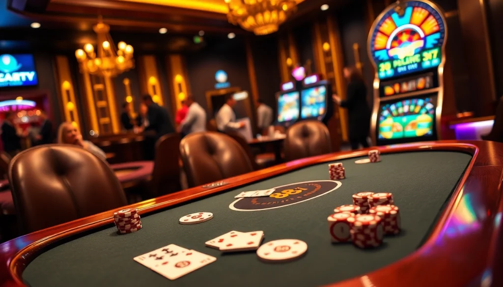 Participants enjoy a thrilling poker game at an upscale casino featuring 88i chips and luxurious decor.