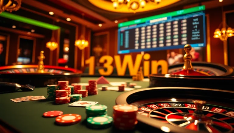 Engaging players enjoying the 13Win game at a luxurious casino table with poker chips and cards.
