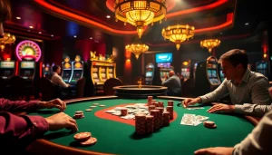 Players strategizing at a poker table, showcasing the excitement of e2bet.com casino games.