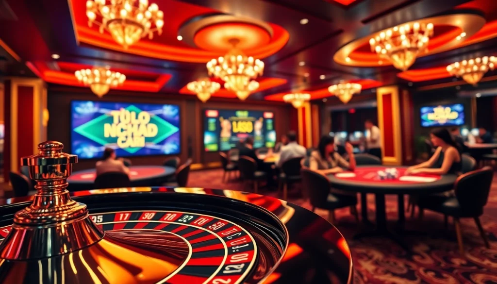 Engaging casino scene showcasing tỷ lệ kèo nhà cái with vibrant roulette and active players.