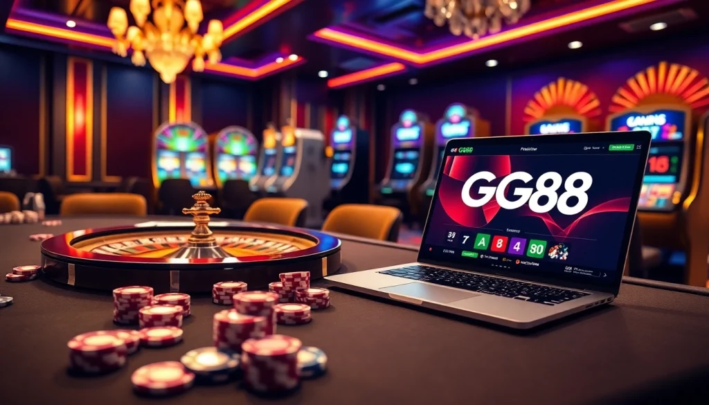 Experience the thrill of gambling at GG88 with vibrant casino tables and exciting slot machines.