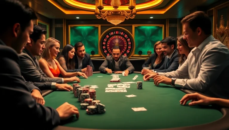 Players strategizing at a poker table in a luxurious casino setting with 11win net branding