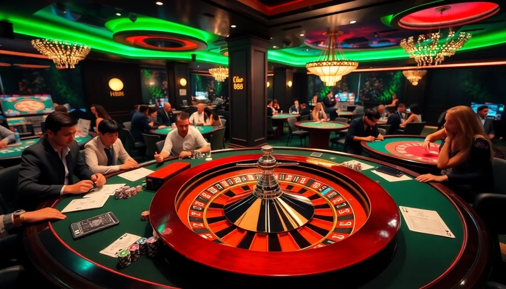 Gamblers at a luxurious HB88 poker table with vibrant casino elements.