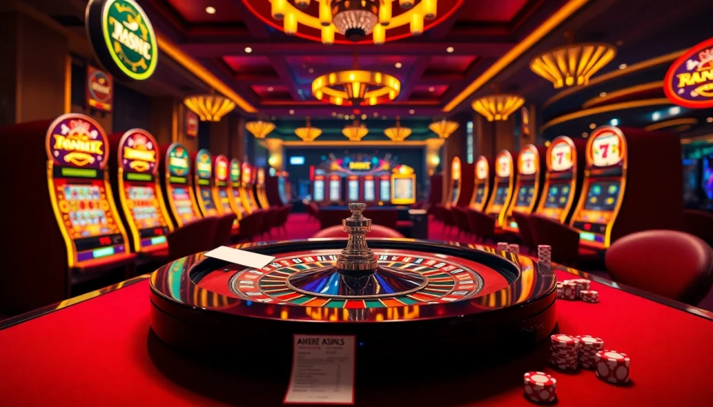 Vibrant casino scene featuring MK 8 betting tables, roulette wheels, and slot machines.