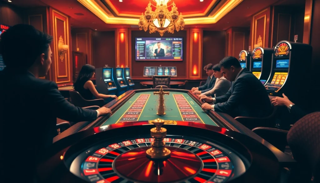 Players engaging with high-stakes gaming at 39bet casino, featuring roulette and vibrant slot machines.