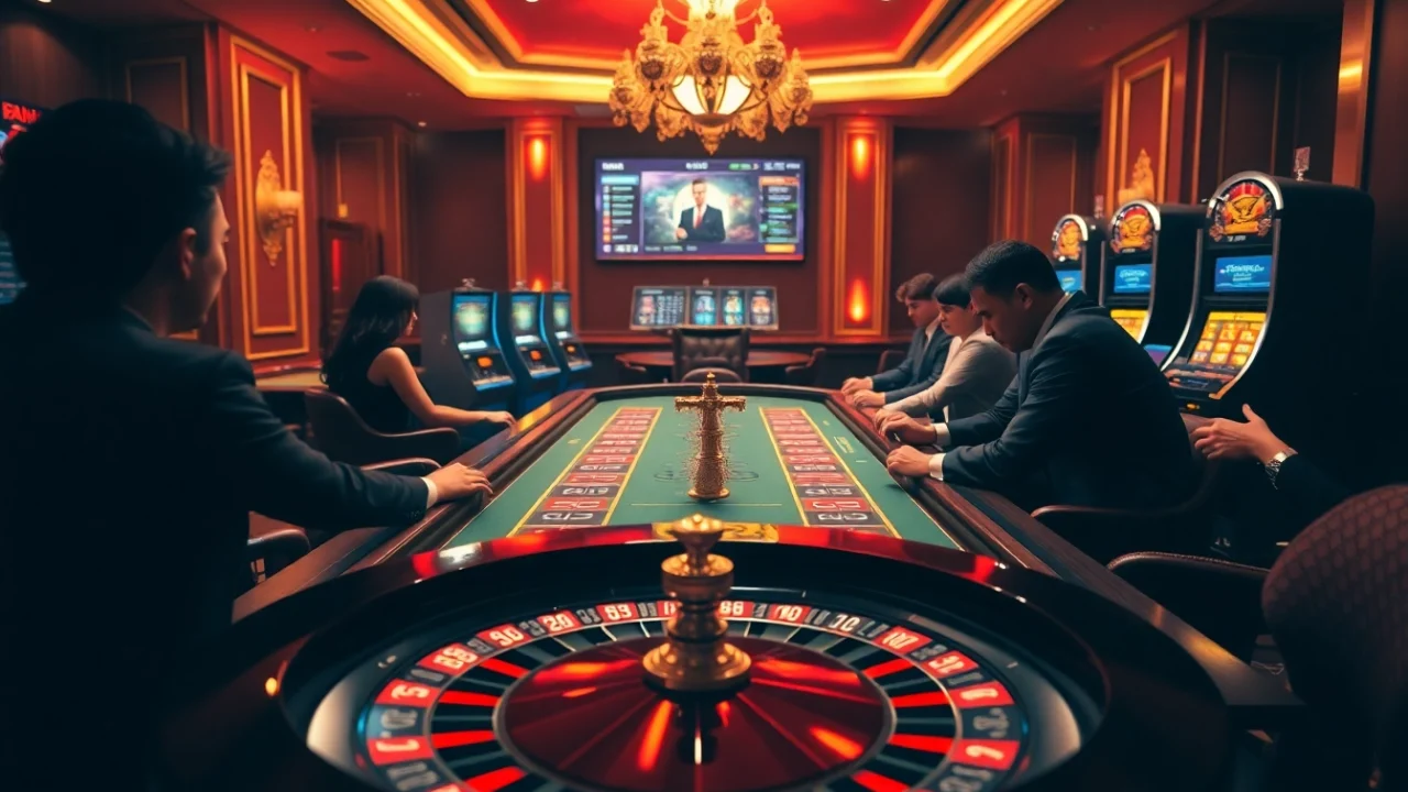 Players engaging with high-stakes gaming at 39bet casino, featuring roulette and vibrant slot machines.