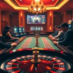 Players engaging with high-stakes gaming at 39bet casino, featuring roulette and vibrant slot machines.