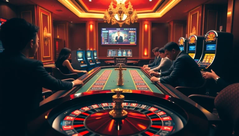 Players engaging with high-stakes gaming at 39bet casino, featuring roulette and vibrant slot machines.