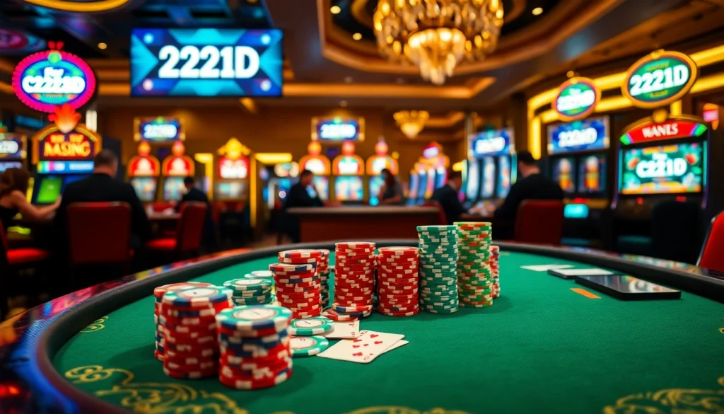 Experience the excitement of gambling at 222BD with vibrant casino scenes and high-stakes poker.