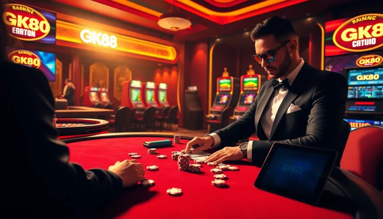 Experience luxury gaming at GK88 with vibrant cards and poker chips at a blackjack table.