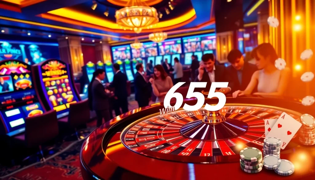 Players enjoy high-stakes roulette at a luxurious casino, highlighting the excitement of Win55 gaming.