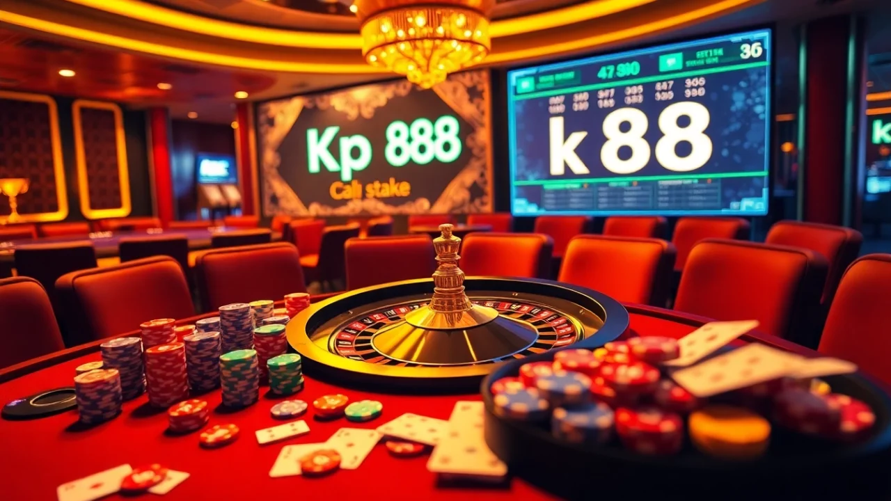 Exciting casino scene with the keyword Kp 88 featured on a glowing betting platform alongside poker chips and cards.