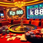 Exciting casino scene with the keyword Kp 88 featured on a glowing betting platform alongside poker chips and cards.