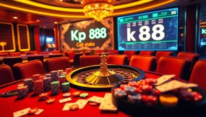 Exciting casino scene with the keyword Kp 88 featured on a glowing betting platform alongside poker chips and cards.