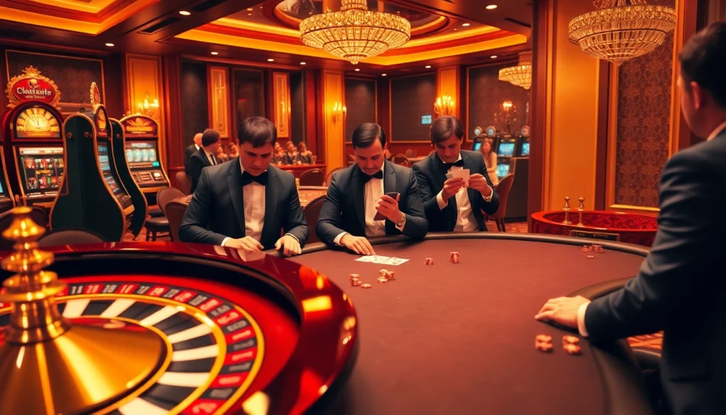 Engaged players enjoying a thrilling game at DF999 casino featuring luxurious poker tables and roulette.