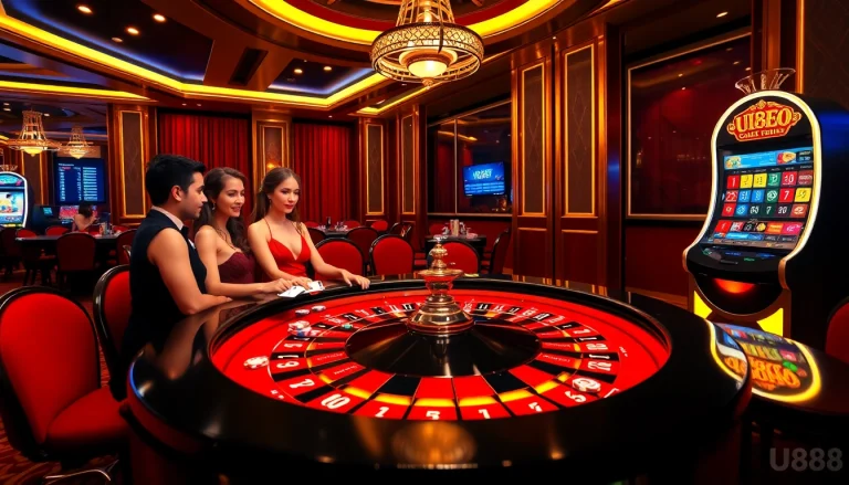 Players enjoying a luxurious casino experience at U8888's vibrant roulette table.