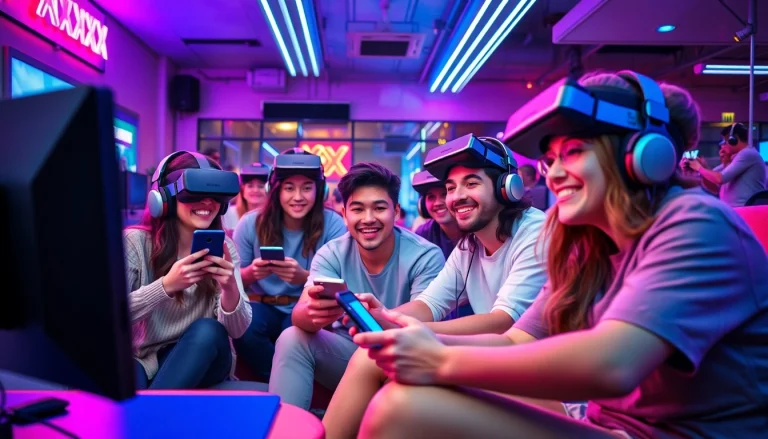 Diverse group enjoying engaging XXX games at a vibrant gaming lounge.