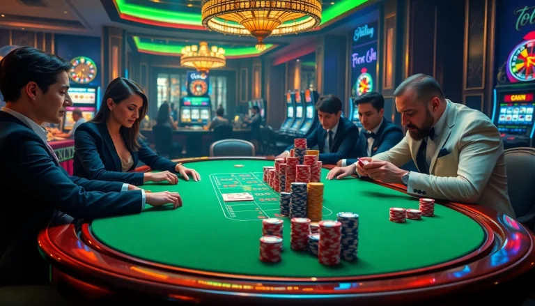 Poker players engaging at a luxurious 789club casino table, showcasing excitement and strategy in gambling.