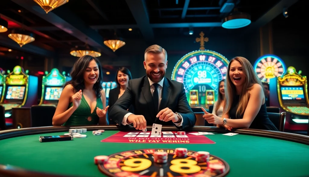 Excited players at a casino poker table embodying the thrill of a 98 win.