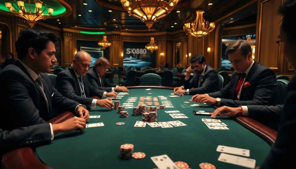 Engaging poker players calculating strategies at the SX88 luxury casino table.