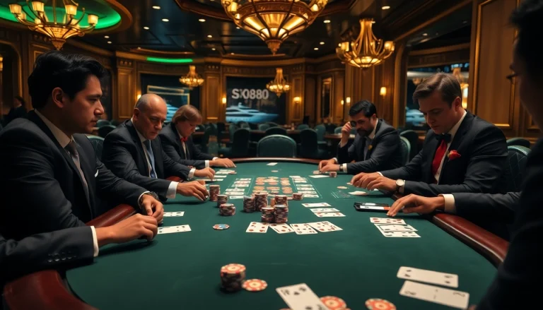 Engaging poker players calculating strategies at the SX88 luxury casino table.