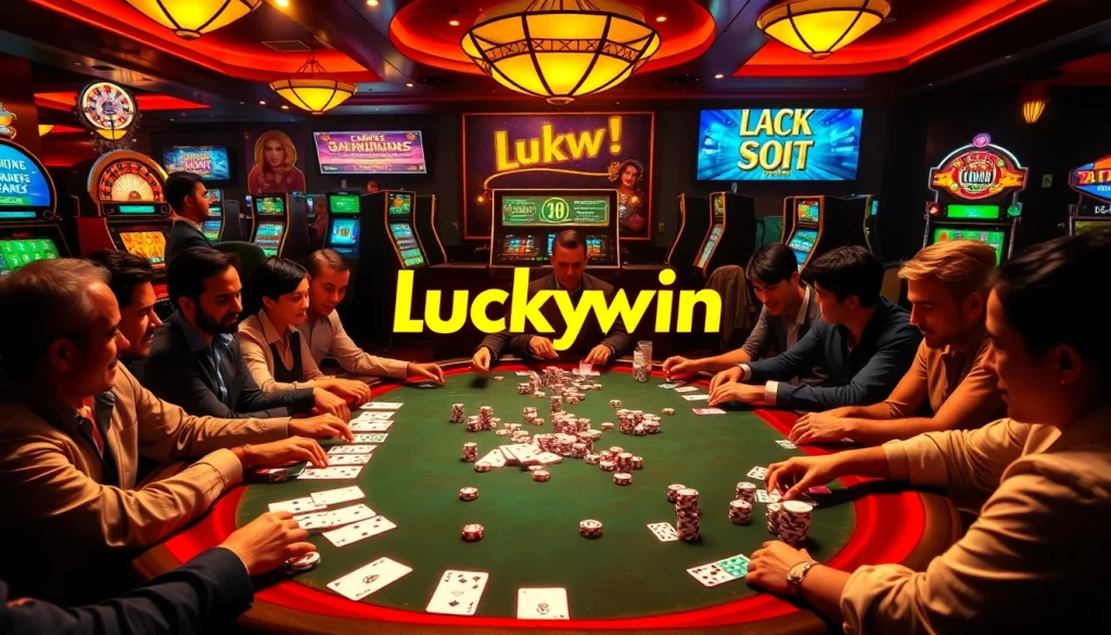 Players celebrating a luckywin at a glamorous casino poker table with vibrant chips and cards.