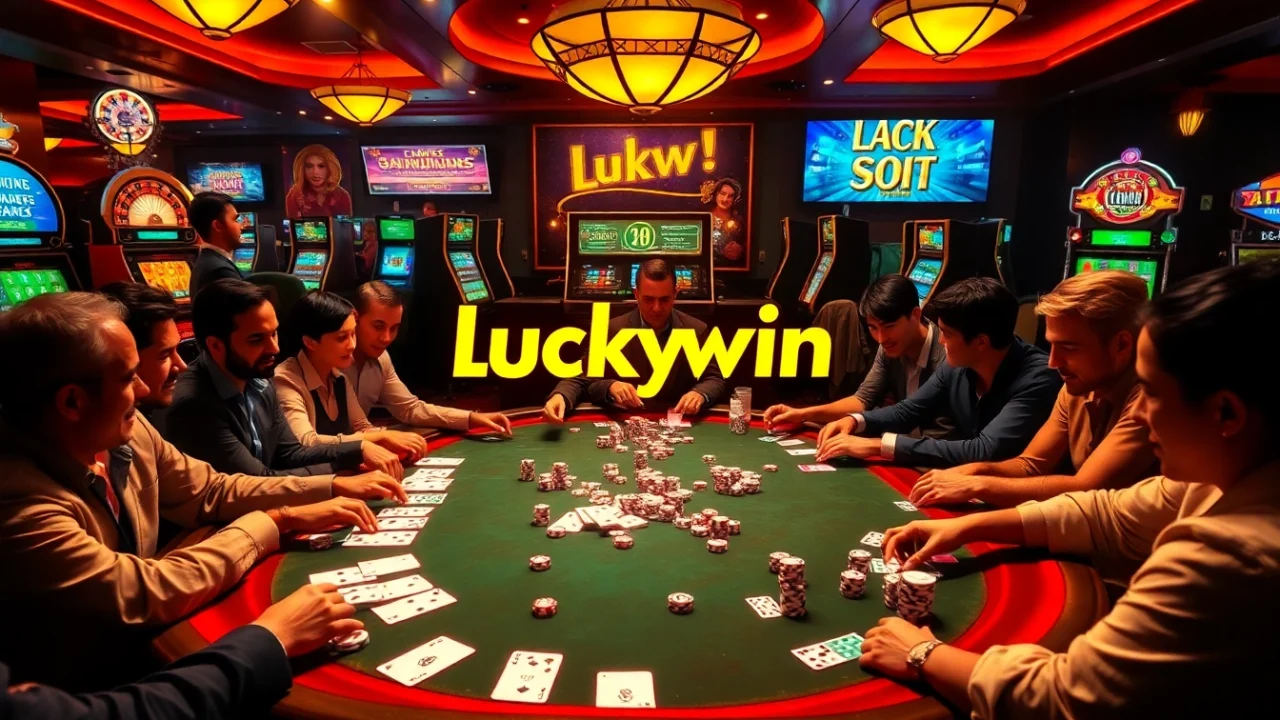 Players celebrating a luckywin at a glamorous casino poker table with vibrant chips and cards.