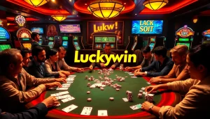 Players celebrating a luckywin at a glamorous casino poker table with vibrant chips and cards.