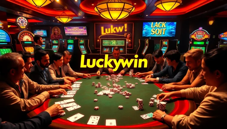 Players celebrating a luckywin at a glamorous casino poker table with vibrant chips and cards.