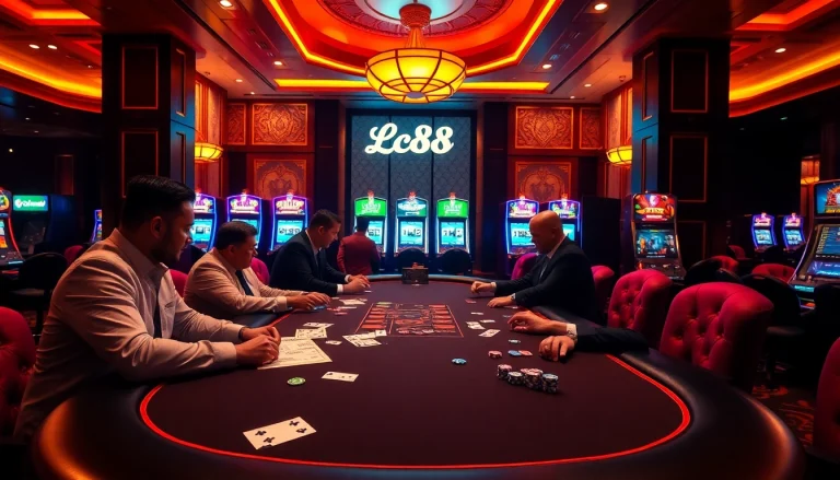 Experience the excitement of Lc88 vip at a luxury poker table surrounded by vibrant slot machines.